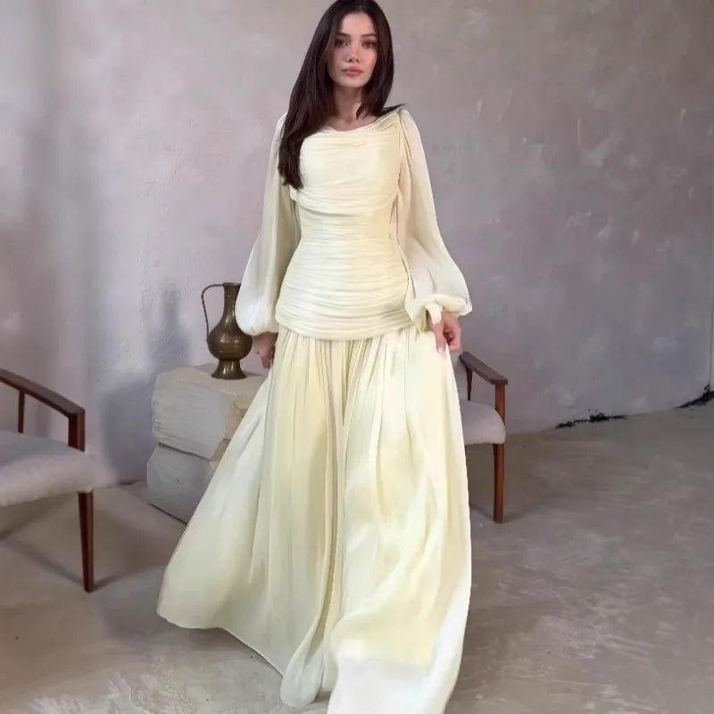 Women's Fashion Draped Design Solid Long Dress 2026 Casual Commute Waist Party Dresses Elegant O-neck Long Sleeve Evening Dress