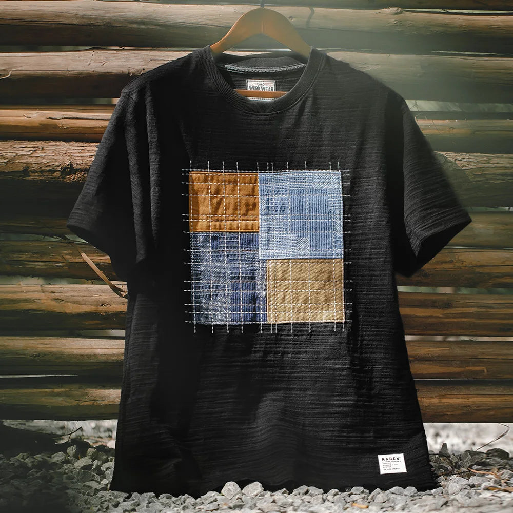 Maden Vintage Color-Block Patchwork Short Sleeve T-Shirt Men's Summer Slub Cotton Breathable Round Neck Tee Casual Street Tops