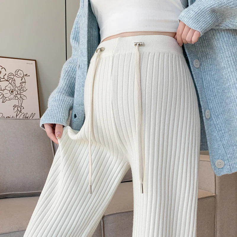 Pregnant Women's Pants Autumn Winter Maternity Knitted Pit Stripe Straight Leg Wide Leg Pants Casual Floor Pants Youth Pregnancy
