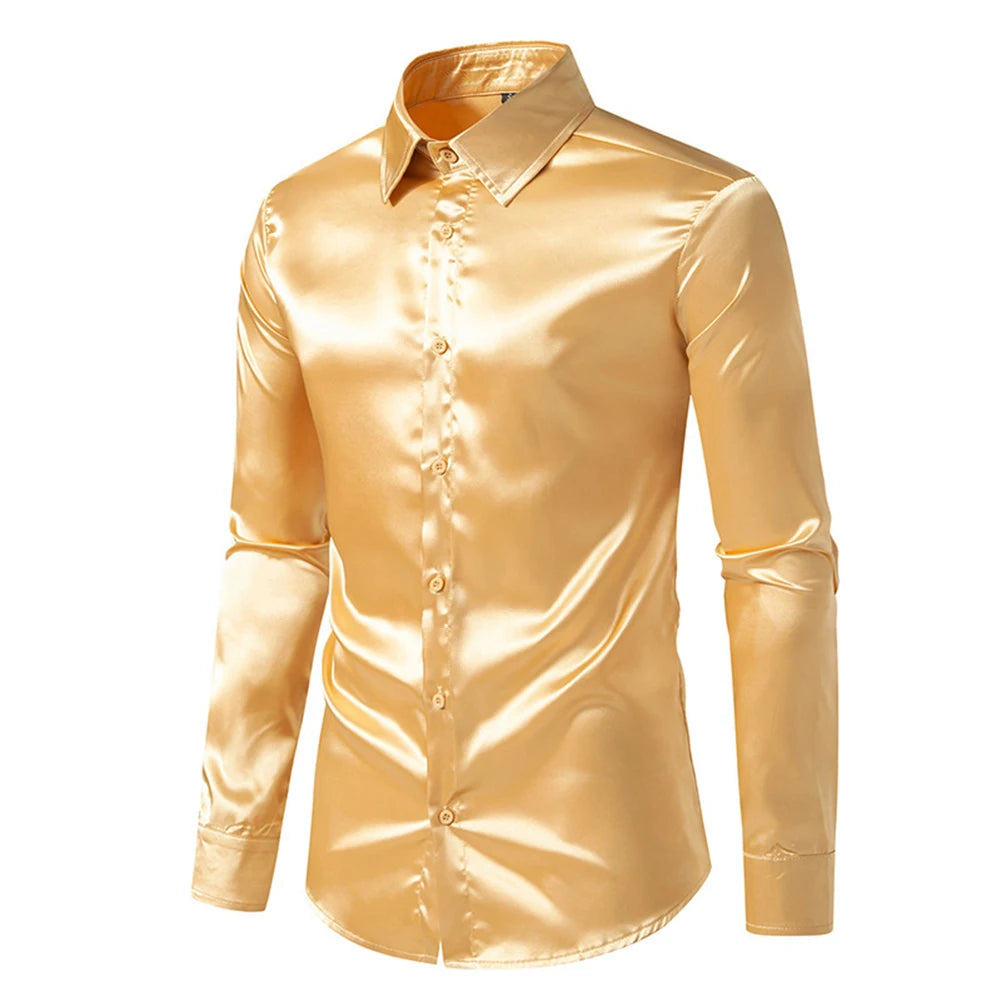 Men's Casual Satin Silk Shirts Single Breasted Button Lapel Collar Dress Shirt Slim Fit Fashion Party Long Sleeve Tops Clothing