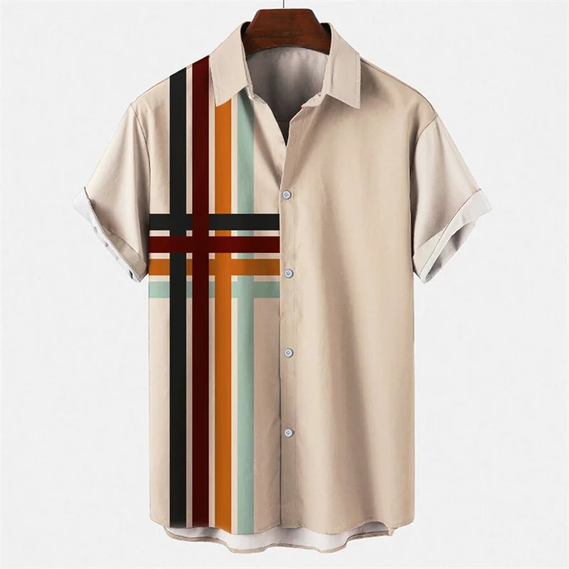 Mens Hawaiian 3d Stripe Print Shirt Harajuku Summer Fashion Short Sleeves Casual Beach Vacation Button Loose Aloha Shirts