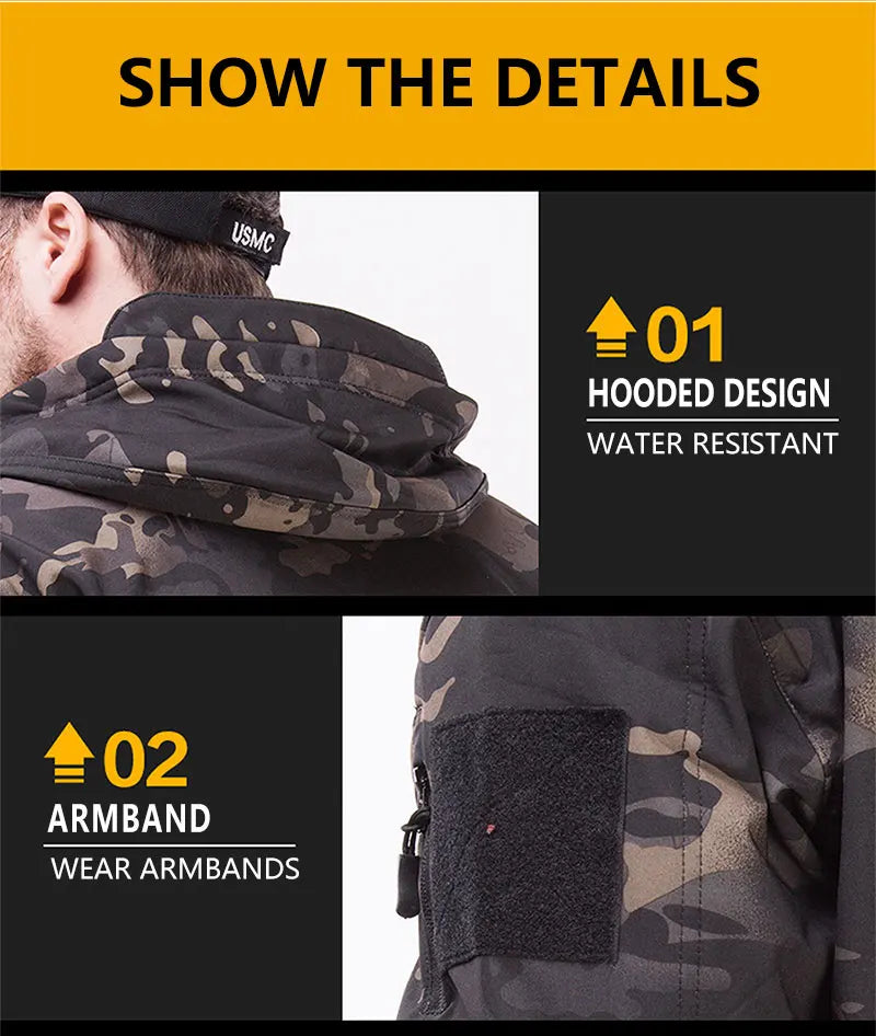 Tactical Winter Set Men's Outdoor Windproof Waterproof Suit Multi-Pocket Soft Shell Hooded Jackets Sharkskin Work Pants