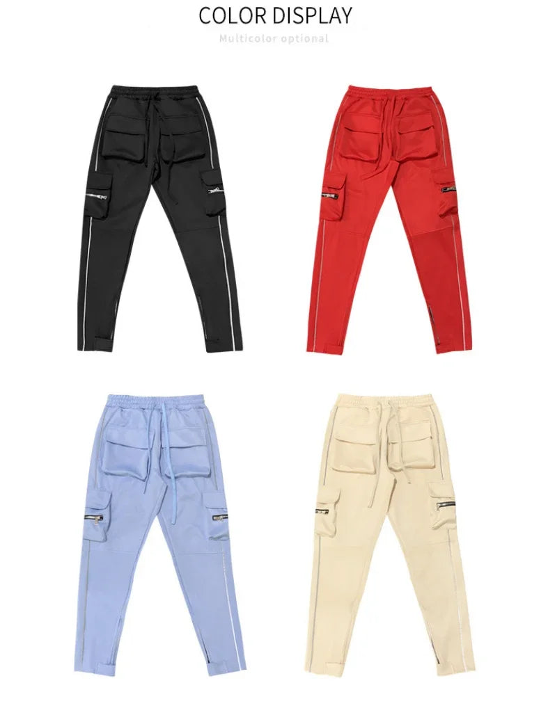Summer Men's Jogging Sports Pants Multi-Pocket Sweatpants Running Trousers Men's Casual Joggers Cargo Reflective Hip Pop Pants