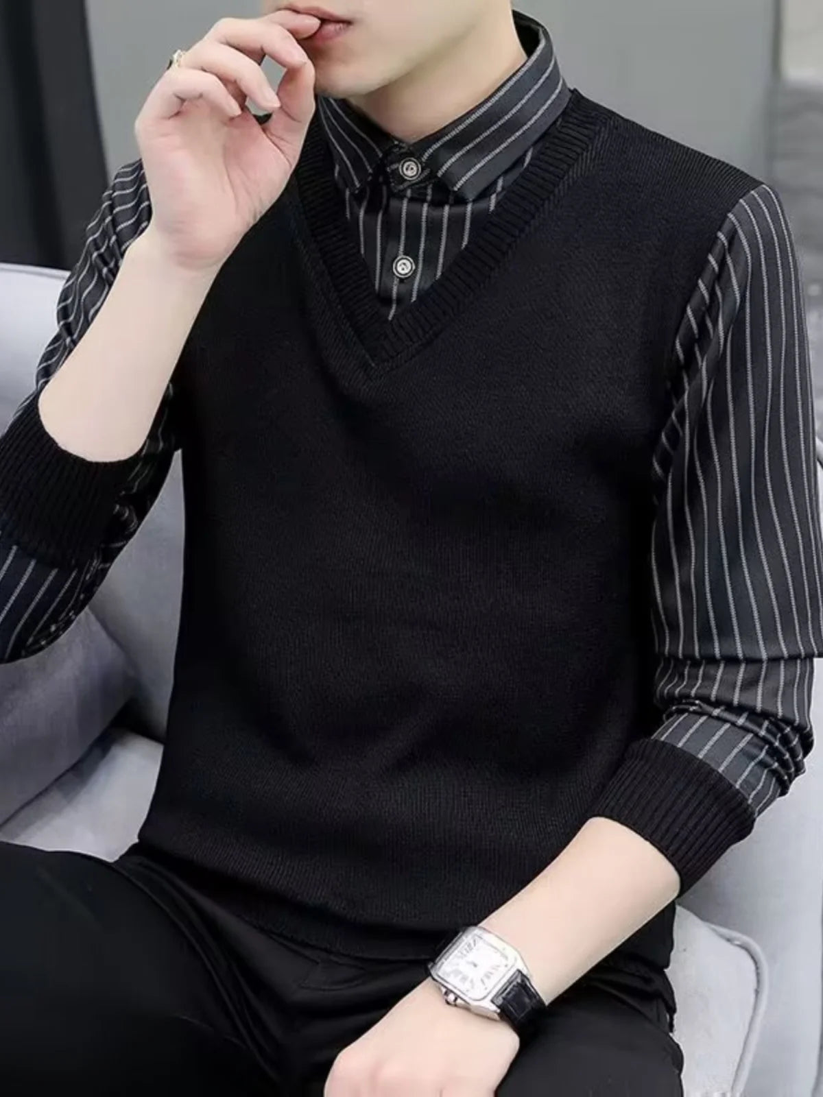 Fashionable Knitted Slim Fit Long Sleeve Shirt Collar Sweater for Men Autumn Outerwear Casual Style Polyester Fiber Youth Fas...