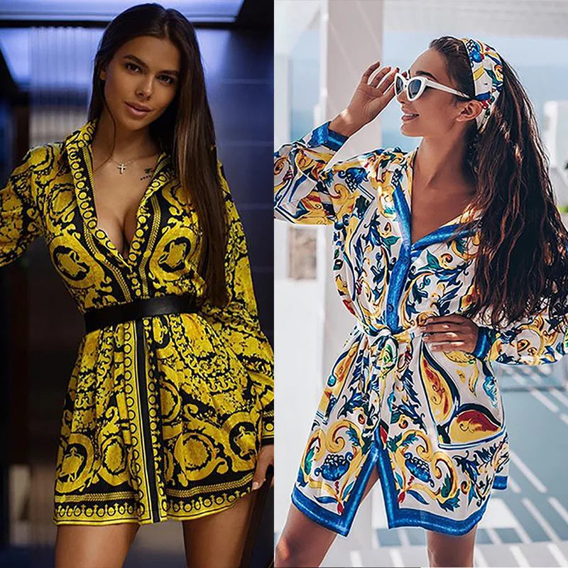 Spring Summer New Dresses For Women With Bohemian Style Positioning Printed Lace Up Long Sleeved Shirts Jumpsuits  Short Skirts