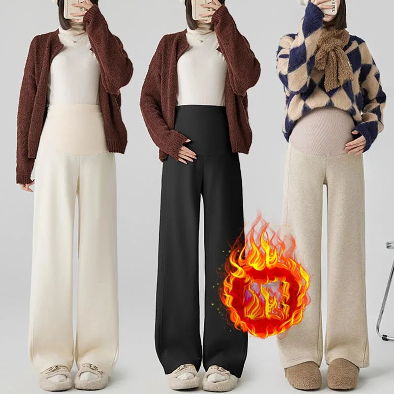 Maternity Pants Fleece-Lined Wide-Leg Sweatpants Autumn/Winter Casual Straight-Leg Pants Underwear Base Trousers For Pregnant