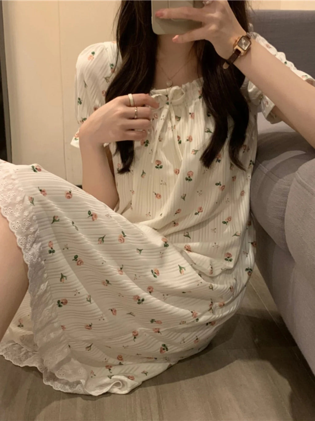Summer Sleepwear Dress Women's 2025 New Floral Princess Style Short Sleeve High End Feeling Home Clothes Sleep Dress Summer