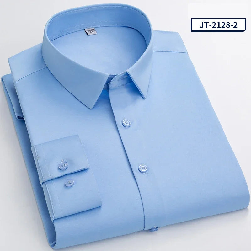 Over Size Solid Color Long-Sleeve Shirts for Men Slim Fit Formal Plain Shirt Elastic Single Pocket Tops Business Dress Clothes