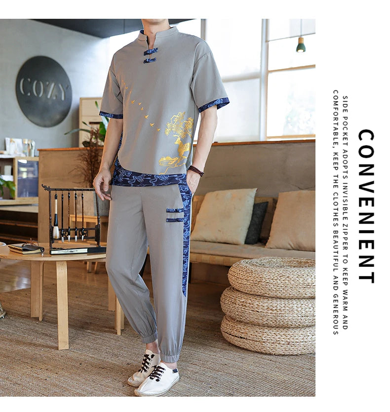 Shirts + Pants summer Cotton linen shorts sleeve shirts Men's Casual Sets Male Fashion trousers and shirts men size M-4XL TZ020