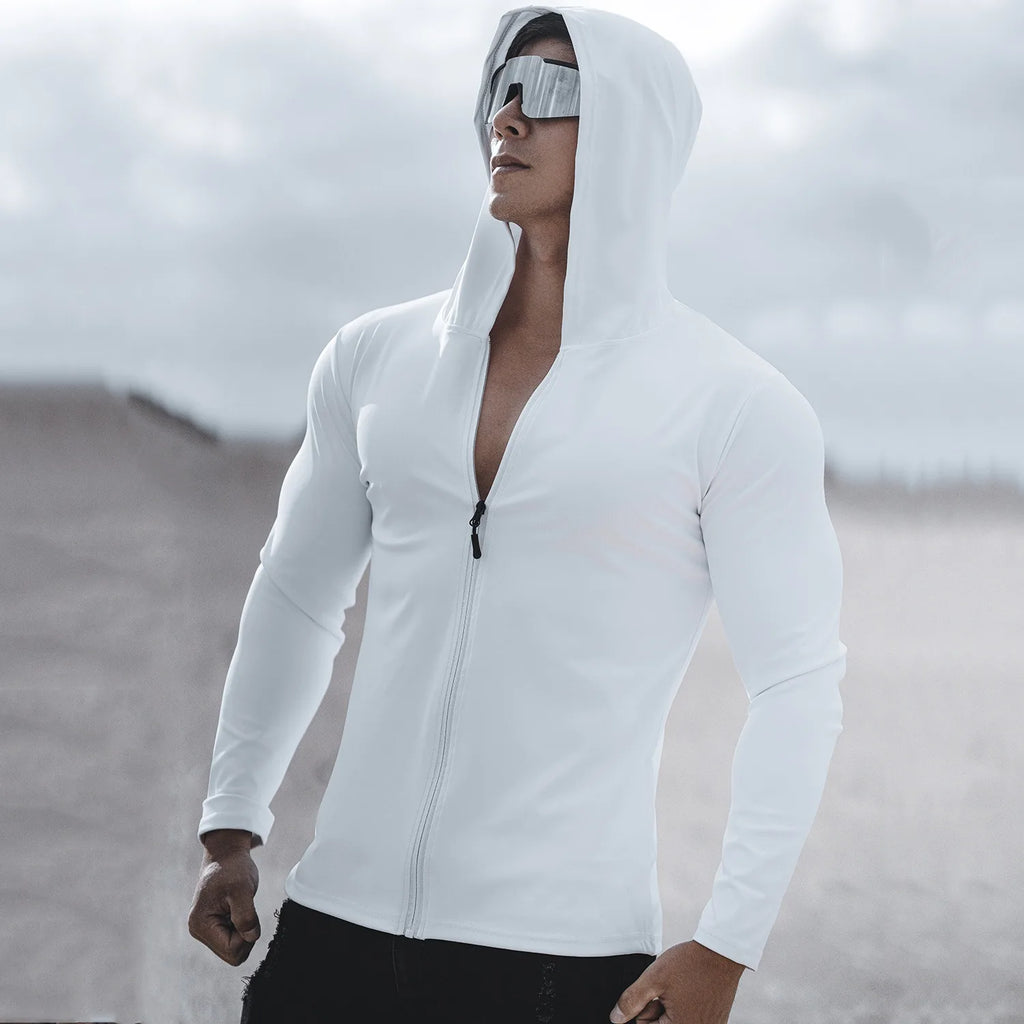 Spring and Autumn New Men's Sports Casual Running Exercise Gym Training white Thin Hooded Zipper Long Sleeve Sweater