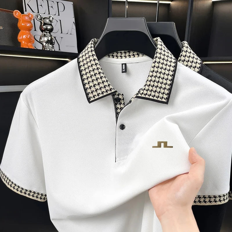 Men Contrast Collar Polo Shirt Short Sleeve Houndstooth Trim Casual Summer Top Breathable Pique Tee Regular Fit Fashion Shirt