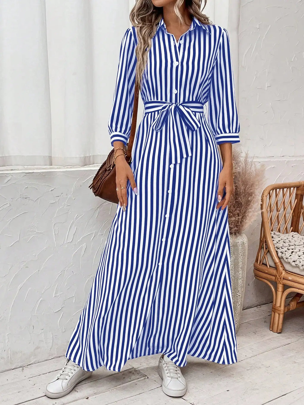 Women's Casual Elegant Striped Print Dress Fashionable Trendy Patterned Gown for All Seasons
