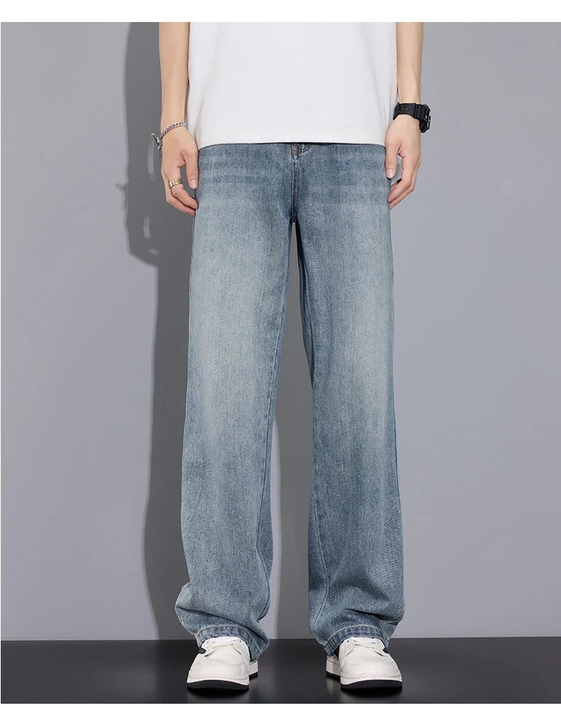 Autumn Casual Men's Straight Jeans Fashion Loose Vintage Elastic Waist Trousers Light Blue Personality Wide Pants Denim Male