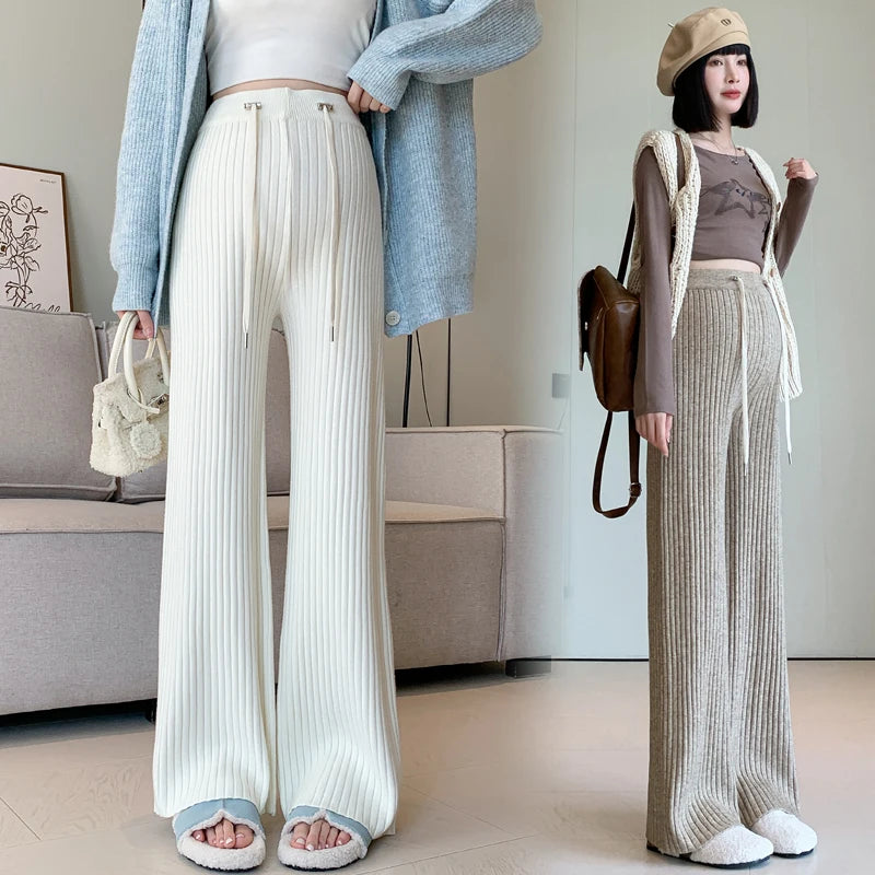 Pregnant Women's Pants Autumn Winter Maternity Knitted Pit Stripe Straight Leg Wide Leg Pants Casual Floor Pants Youth Pregnancy