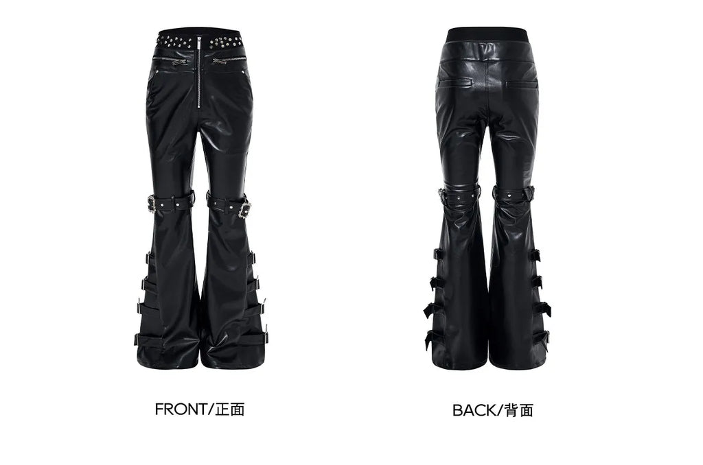Mauroicardi Spring Autumn Cool Handsome Long Black Pu Leather Flare Pants for Men Rivet Luxury Designer Alternative Emo Clothes