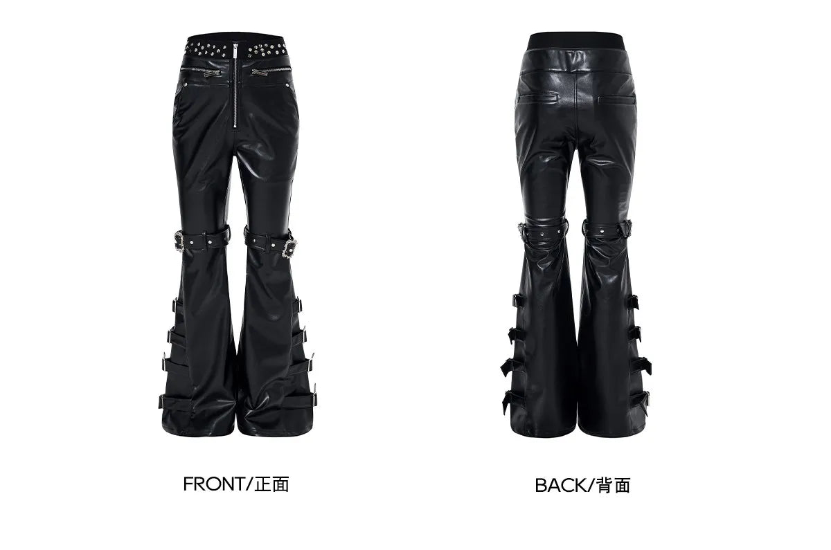 Mauroicardi Spring Autumn Cool Handsome Long Black Pu Leather Flare Pants for Men Rivet Luxury Designer Alternative Emo Clothes
