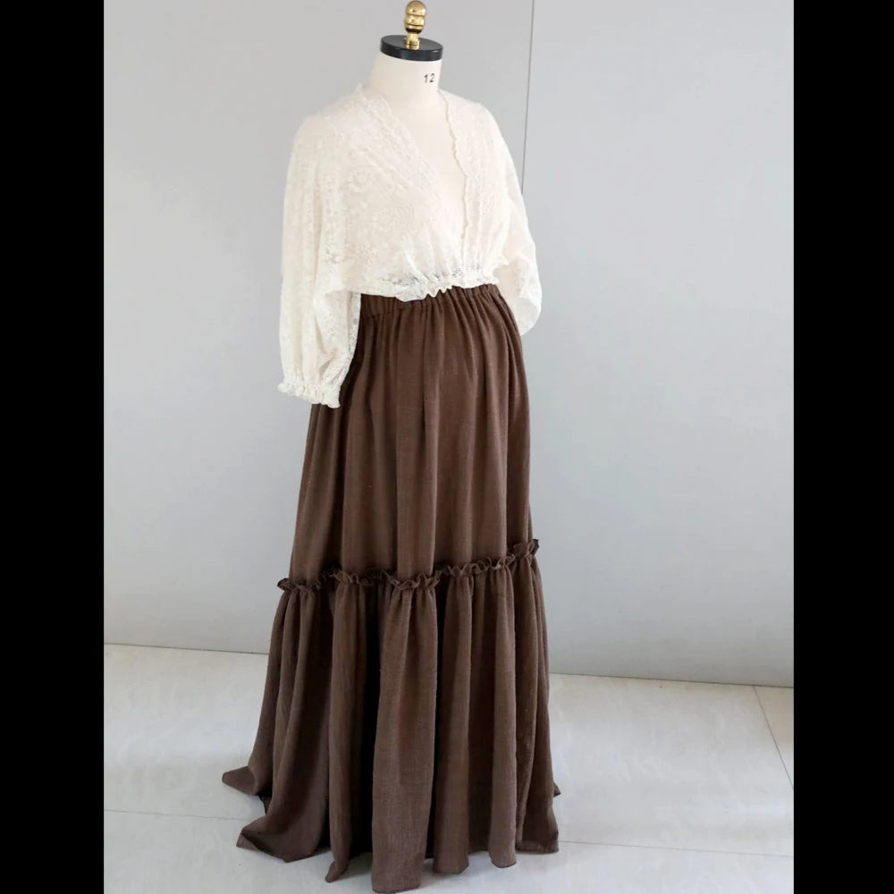 Bohemian Photo Shooting Pregnancy Dress Dual color design Two-Pieces Set Vintage Lace Top and Linen Cotton Skirt Pregnant Women