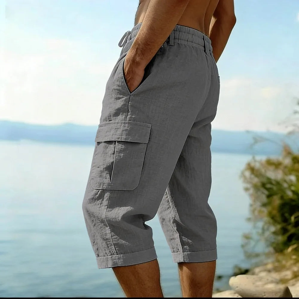 Men Summer Cotton Linen Shorts Retro Multi Pocket Loose Casual Shorts Thin Breathable Outdoor Fishing Travel Beach Short Pants