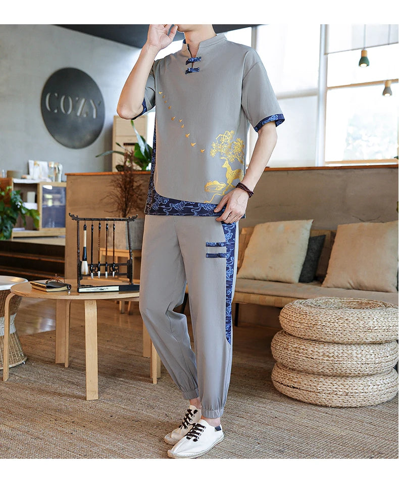 Shirts + Pants summer Cotton linen shorts sleeve shirts Men's Casual Sets Male Fashion trousers and shirts men size M-4XL TZ020