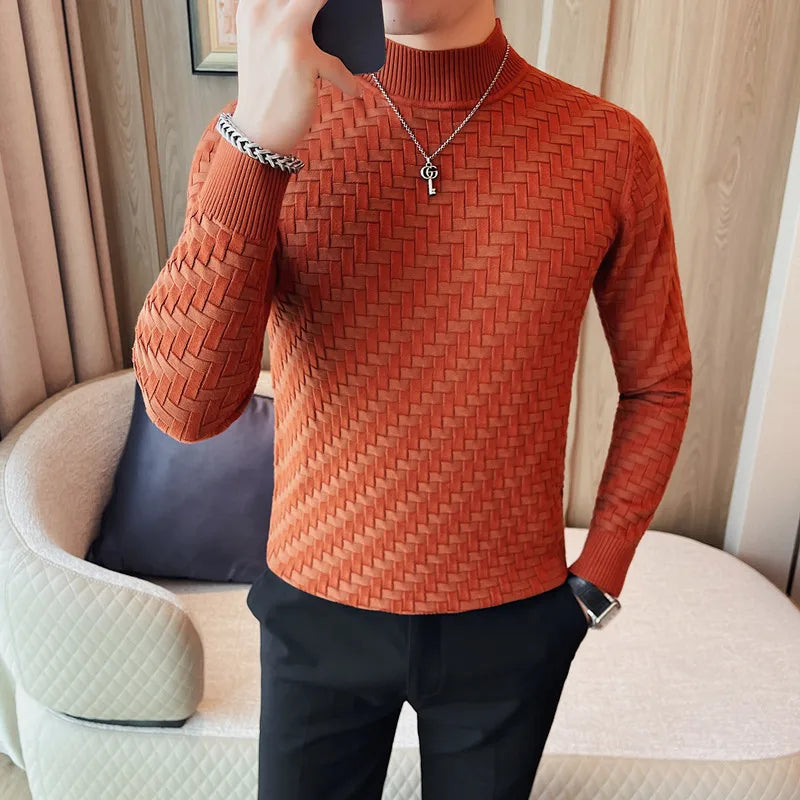 Men's Autumn Winter Half High Collar Jacquard Woven Sweater New Long Sleeve Slim Fit Knitted Sweater Pullers 4XL-M Homme