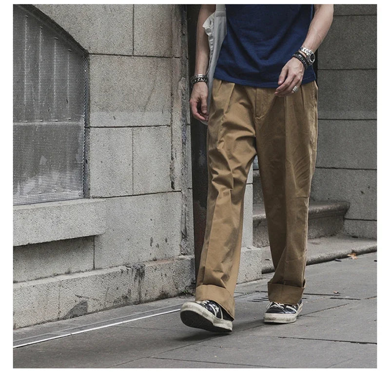 Non Stock Pleated Slacks Summer Spring Relaxed Straight Casual Pants Men Khakis