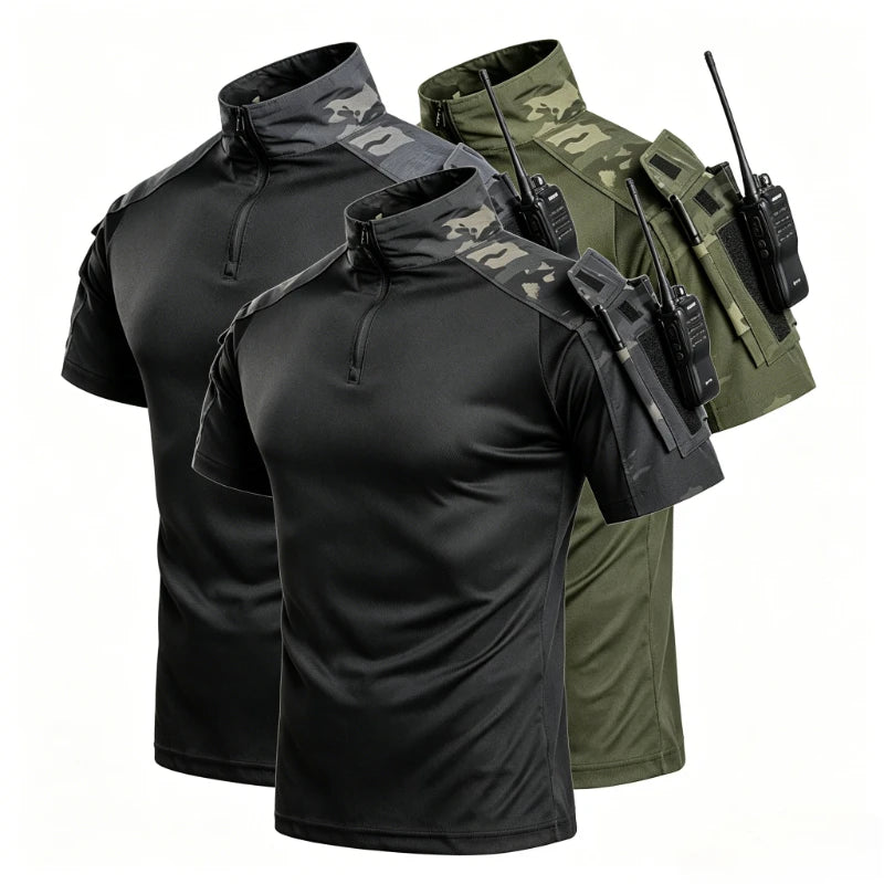 Summer Breathable Quick Dry Mens Tactical Combat Short Sleeve T-Shirts Half Zip Stand Collar Radio Pen Storage Arm Pocket Tee