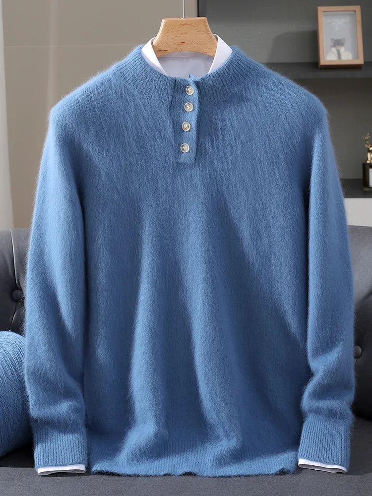 Men 100% Mink Cashmere Sweater Mock Collar Pullover with Button Autumn Winter Thicken Knitwear Smart Casual Skin Kindly Clothing