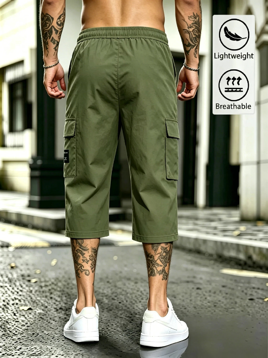 Men's Streetwear Cargo Capri Pants, Drawstring Elastic Waist, 3D Cargo Pockets with Patch, Lightweight Breathable Summer Bottoms