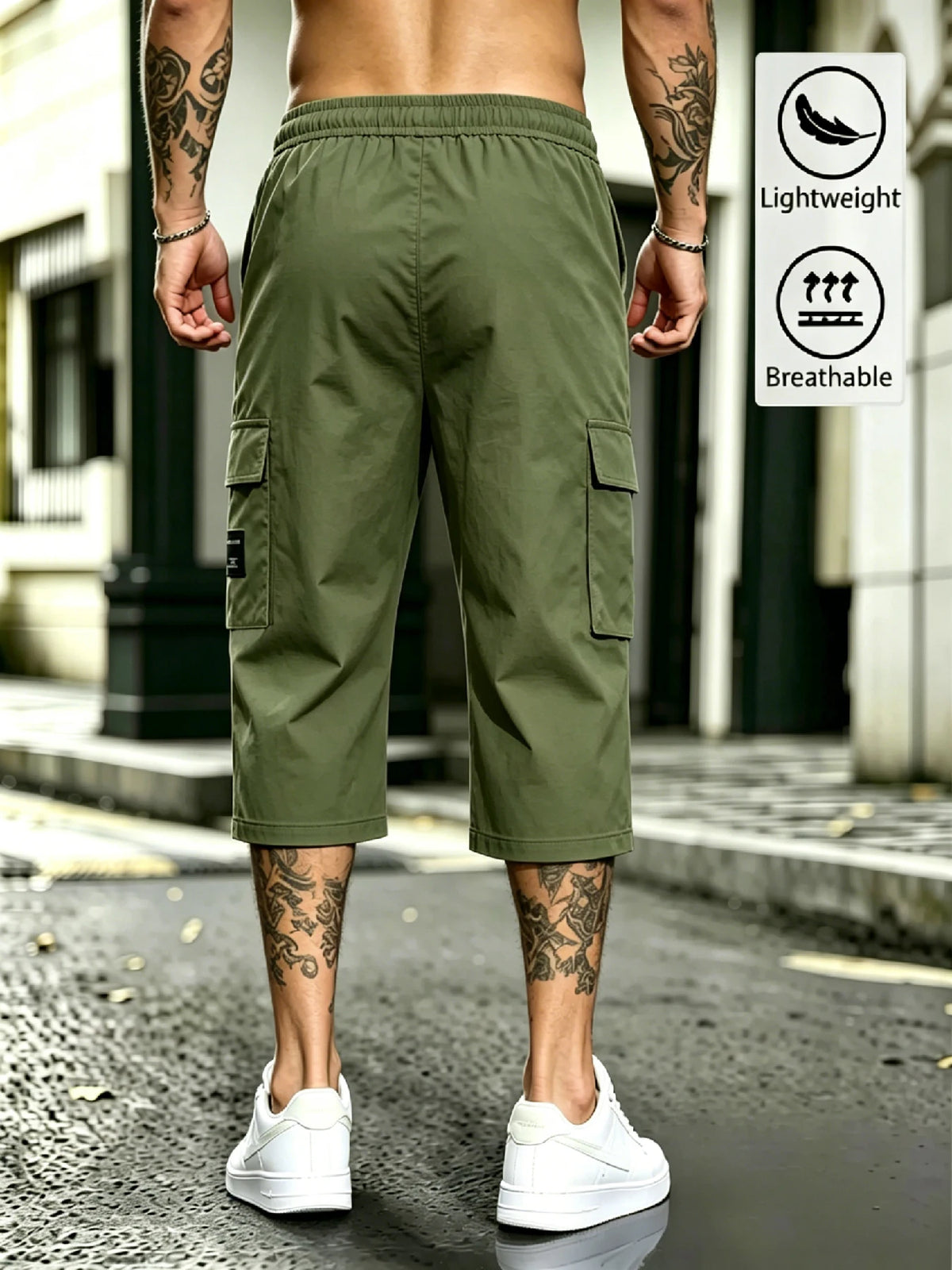 Men's Streetwear Cargo Capri Pants, Drawstring Elastic Waist, 3D Cargo Pockets with Patch, Lightweight Breathable Summer Bottoms