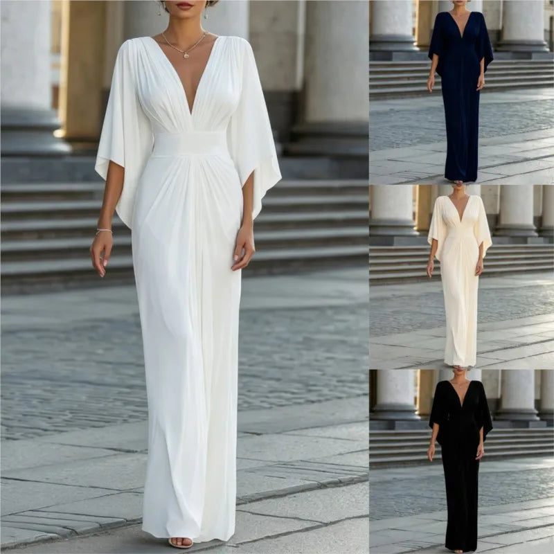 Elegant Evening Party Dress For Woman Simple Solid Color Deep V-neck High Waisted Vestidos Fashion Batwing Sleeve Long Dresses