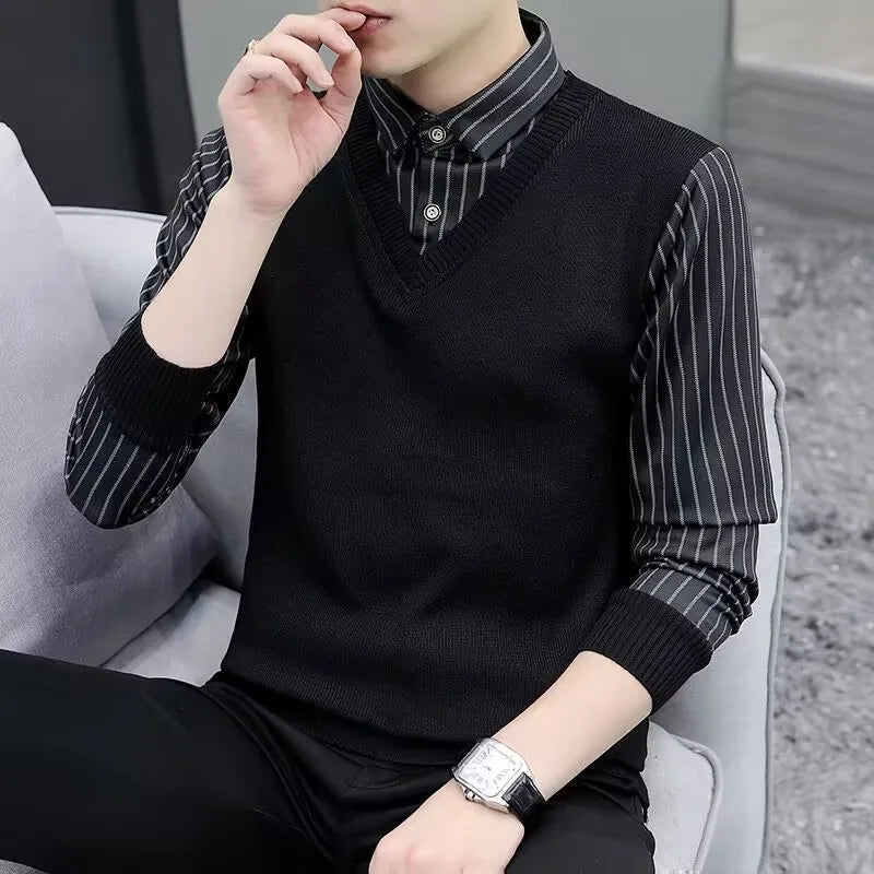 Fashionable Knitted Slim Fit Long Sleeve Shirt Collar Sweater for Men Autumn Outerwear Casual Style Polyester Fiber Youth Fas...