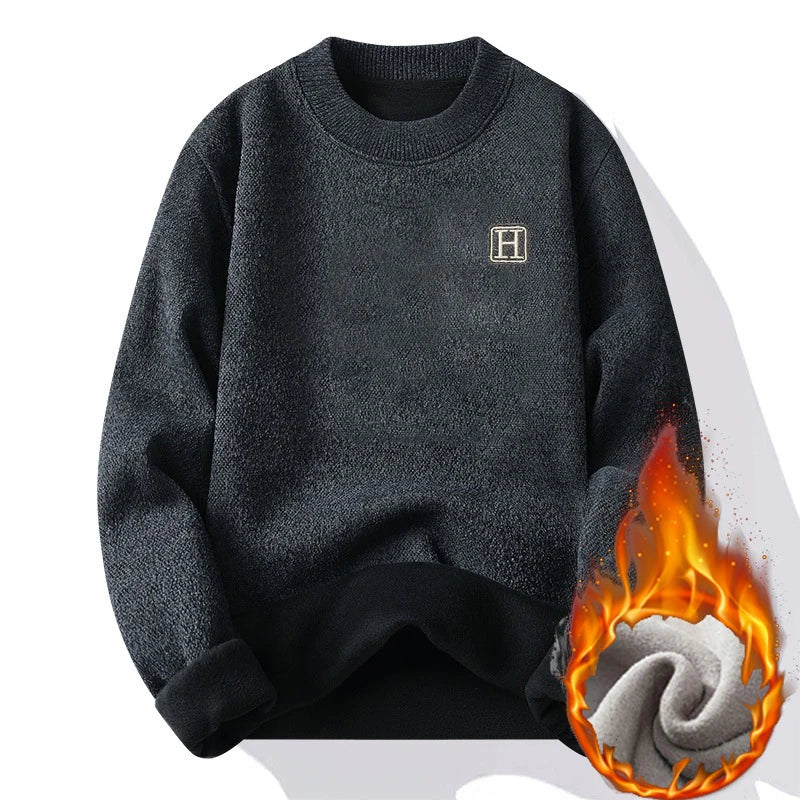 Lightweight Fleece Lined Thickened Sweater Men's Long Sleeve Knit Pullover Sweater Autumn Winter Thermal Warm Classic Sweater