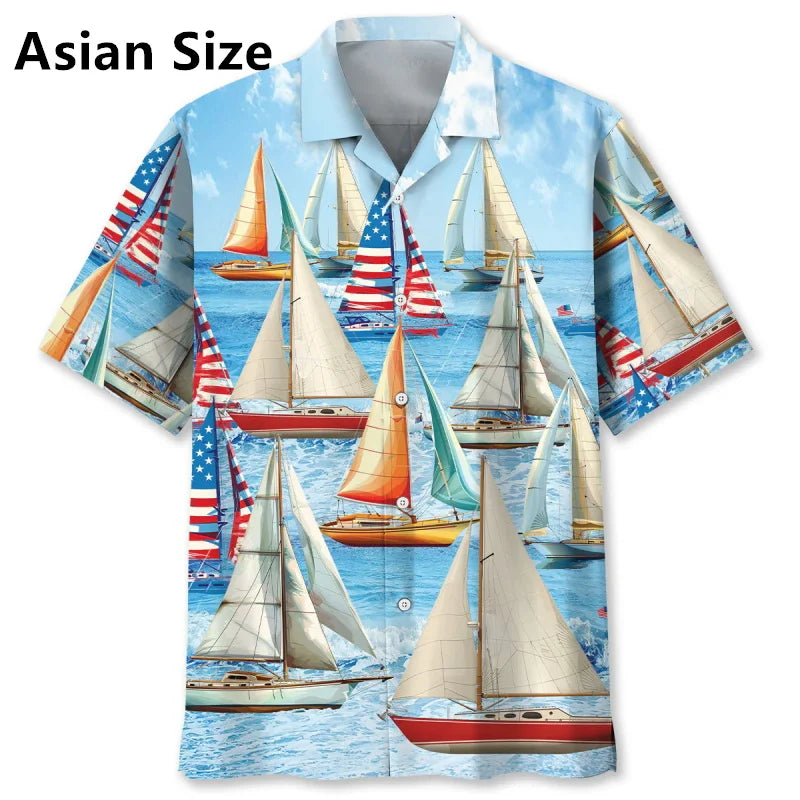 Men's Sailboat Tropical Flower Hawaiian Shirt Clothes Full Print Summer Short Sleeve Beach Shirts Blouse Men's Button Up Shirts