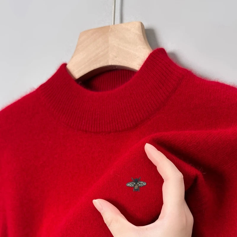 Hot Sale Luxury Brand Men's Sweater Mock-Neck Bee Embroidery Pullover Soft Warm Fashion Exquisite Thick Autumn Winter Men's Wear