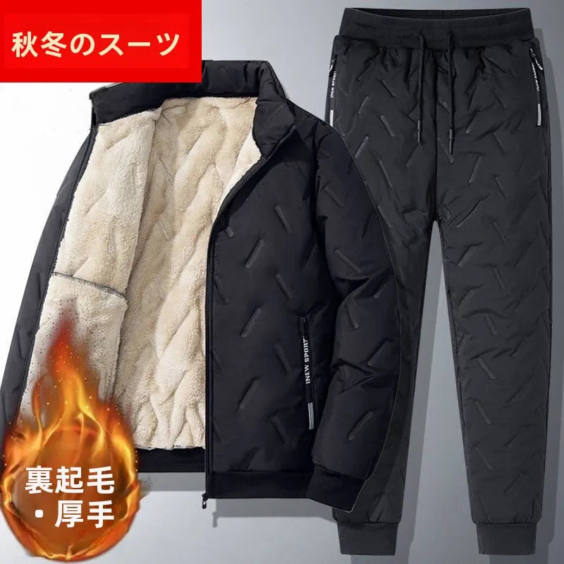 Faionable Autumn Winter Lamb Velvet Fce Lined Loose Men's Outerwear Spor Thiened Cotton Coat Set Long Sve Long Pants