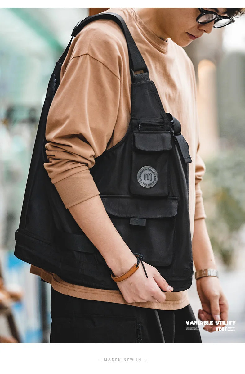 Maden Men Multi-pocket Tactical Vest Jacket & Bag Japan Retro Multi-function Photography Waistcoat Wide Shoulder Strap Solid Bag