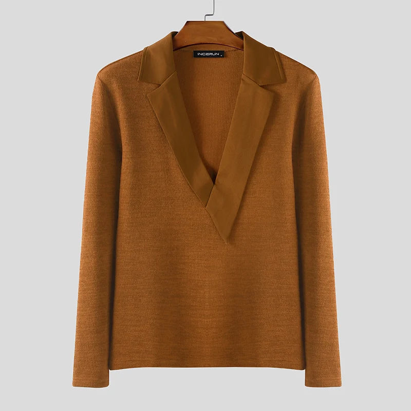 INCERUN Men Sweaters Patchwork Lapel Collar Long Sleeve Knitted Male Pullovers Streetwear 2025 Fashion Casual Men Clothing S-5XL
