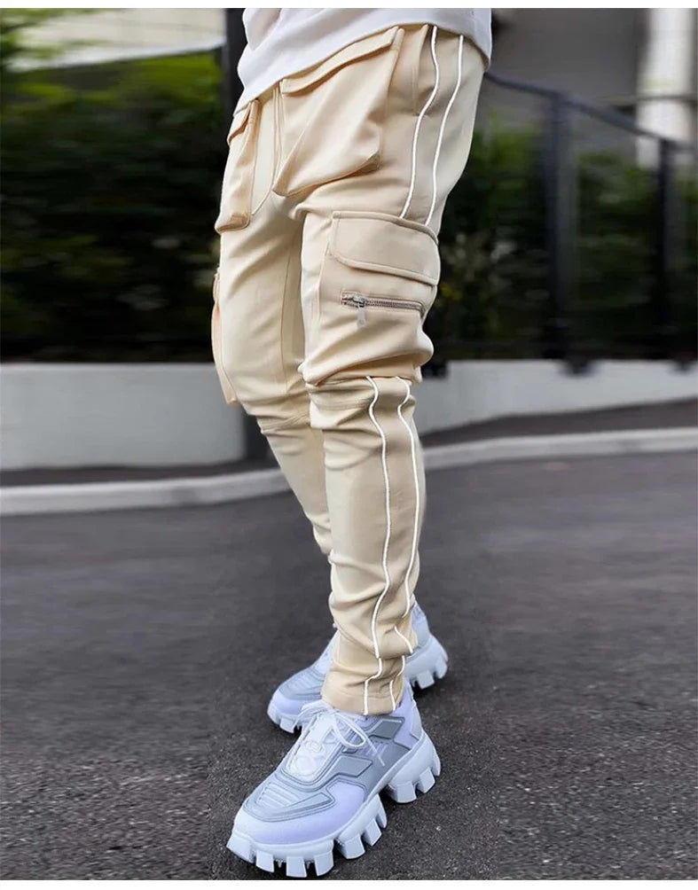 Summer Men's Jogging Sports Pants Multi-Pocket Sweatpants Running Trousers Men's Casual Joggers Cargo Reflective Hip Pop Pants