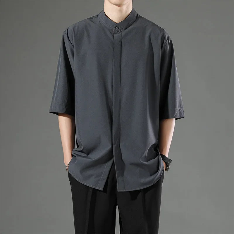 Summer Thin Short-sleeved Shirts Men Japanese Style Loose Stretch Business Casual Shirts Male No-iron Stand Collar Formal Tops