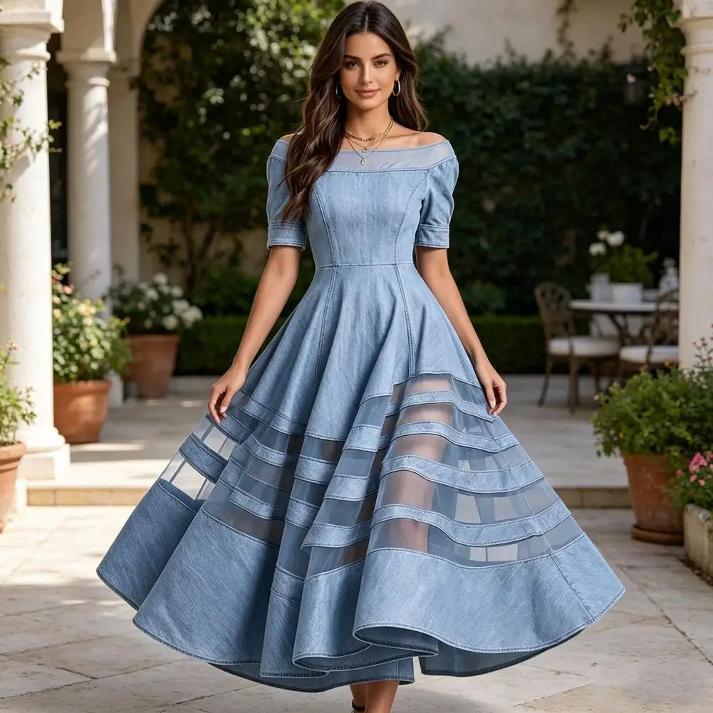 Women's Denim Dress Trendy Off Shoulder Dress Mesh Patchwork Short Sleeve A-line Swing Dress Summer Travel Vacation Long Dresses