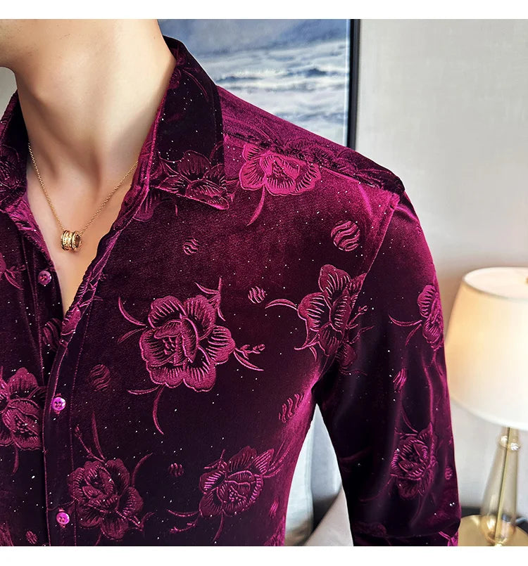 Men's Long Sleeve Velvet Flower Shirt New Luxury Printed Business Casual  Dress Shirts Formal Social Party Turn Down Collar Tops