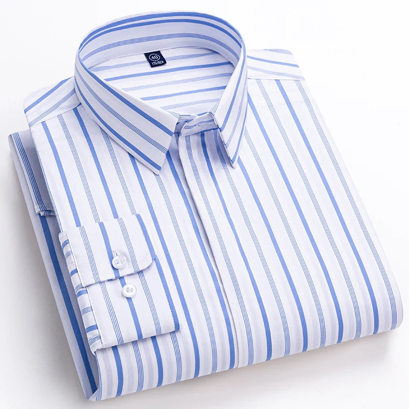 Quality Concealed Button Men Shirt Long Sleeves Dress Shirts For Men Slim Fit Camisa Social Business Blouse Stripe Shirt S-4XL