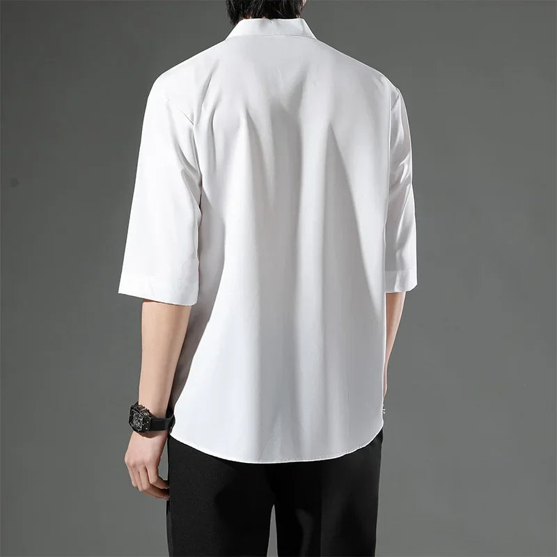 Summer Thin Short-sleeved Shirts Men Japanese Style Loose Stretch Business Casual Shirts Male No-iron Stand Collar Formal Tops