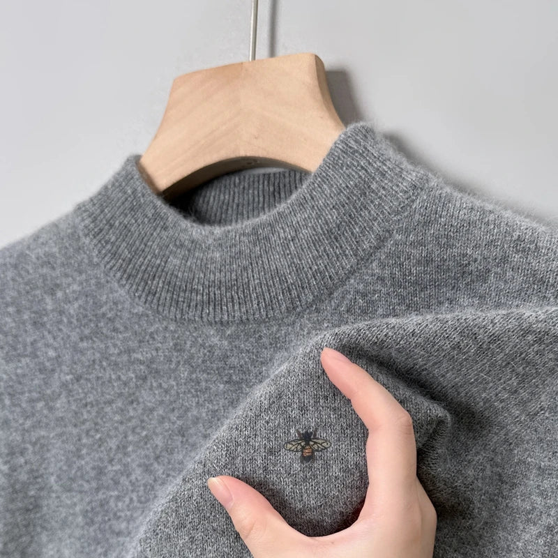 Hot Sale Luxury Brand Men's Sweater Mock-Neck Bee Embroidery Pullover Soft Warm Fashion Exquisite Thick Autumn Winter Men's Wear