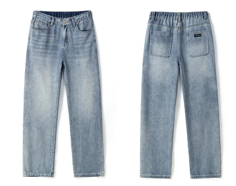 Autumn Casual Men's Straight Jeans Fashion Loose Vintage Elastic Waist Trousers Light Blue Personality Wide Pants Denim Male