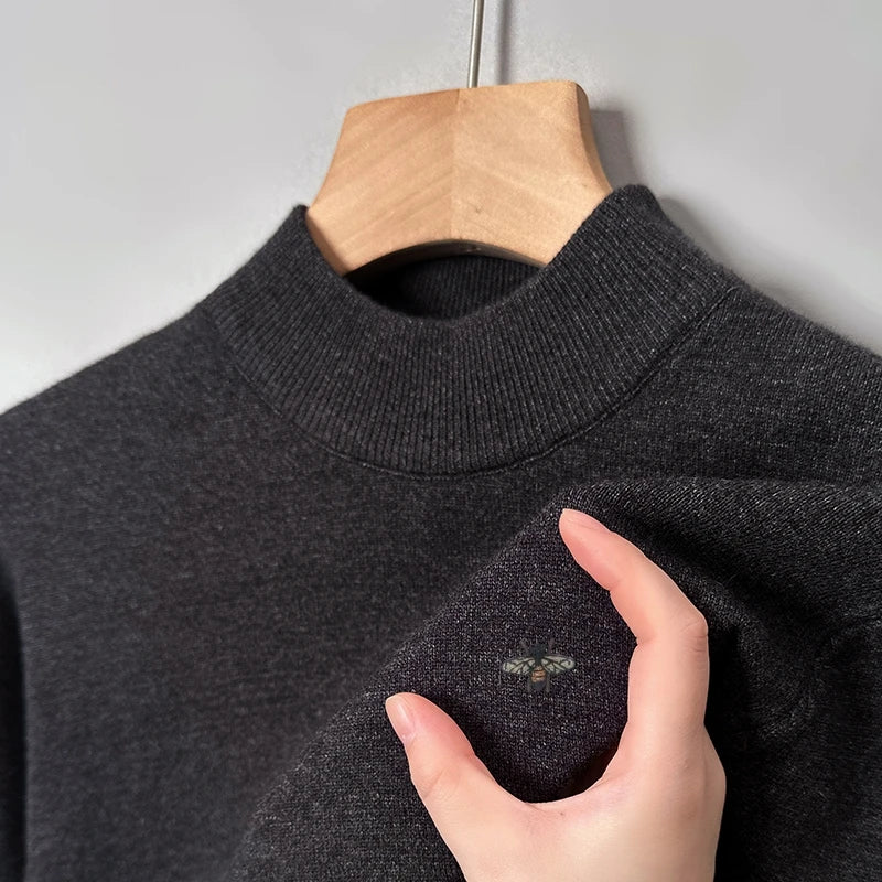 Hot Sale Luxury Brand Men's Sweater Mock-Neck Bee Embroidery Pullover Soft Warm Fashion Exquisite Thick Autumn Winter Men's Wear