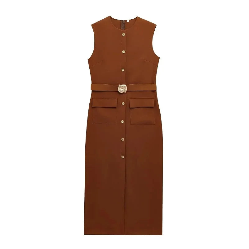 MUJER 2025 Womens Dresses Black Office Long Dresses for Women Spring Sleeveless Midi Dress Woman Belt Button Women's Dress Vest