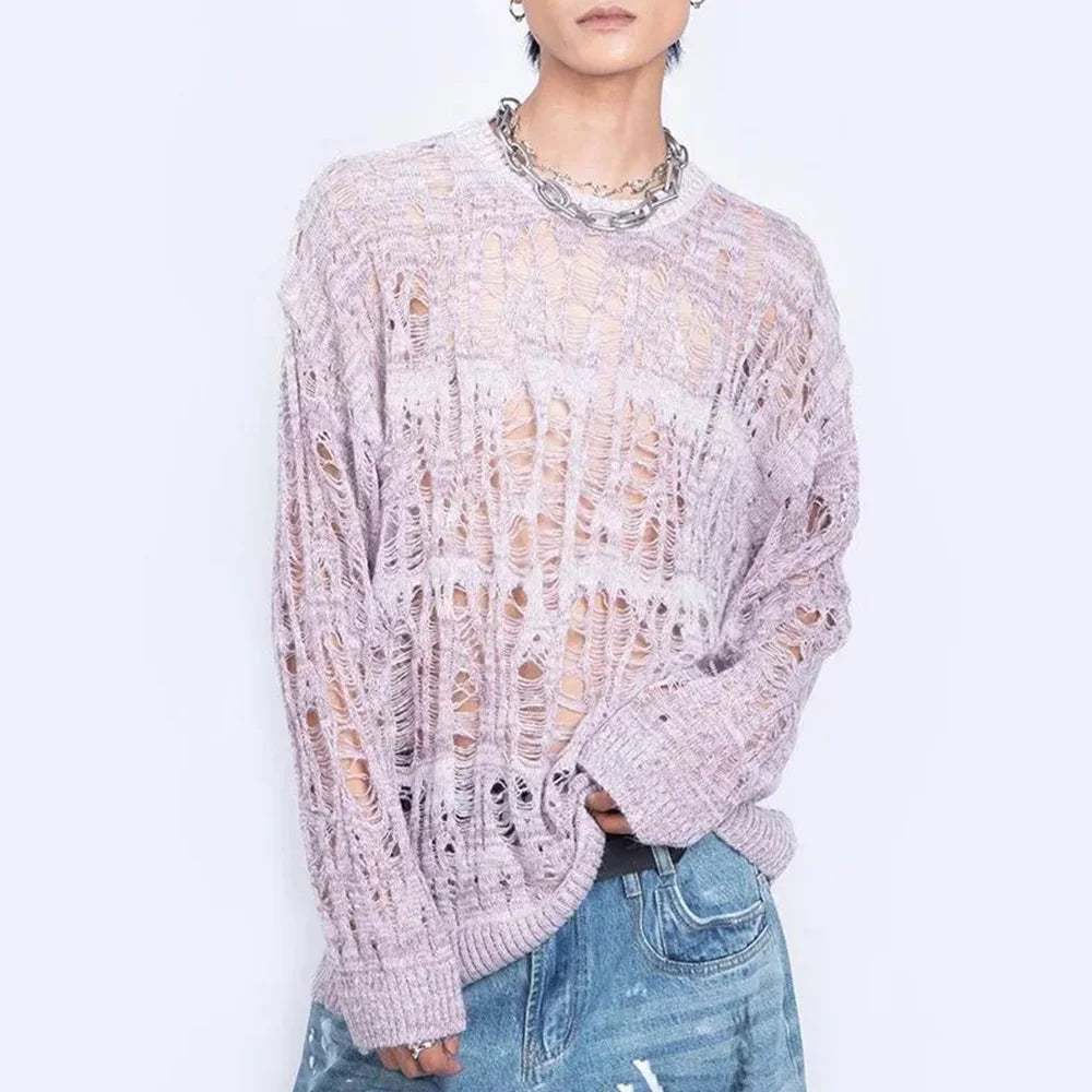 Men Sweater Harajuku Perspective Destructed Hollow Hold Pullover Tops Autumn Streetwear Fashion Trendy Daily Sweater Unisex 2024