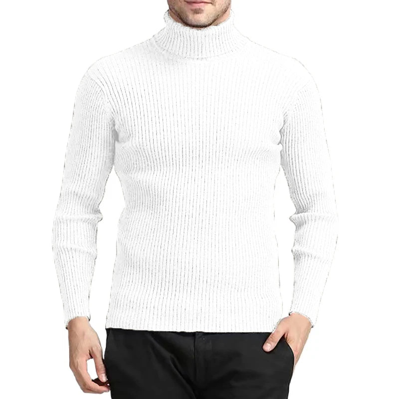 New Men's Turtleneck Sweaters Autumn Knitted Striped Streetwear Warm Long Sleeved Pullover Breathable Solid Color Basic Coat