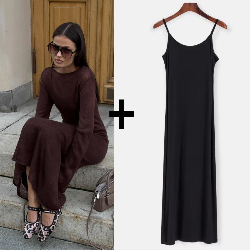 Sweet Pink Mohair Knitted Dress+Vests Dress Women New O-neck Casual Long Sleeve Dresses Suspenders Chic Vintage Two-piece Suit